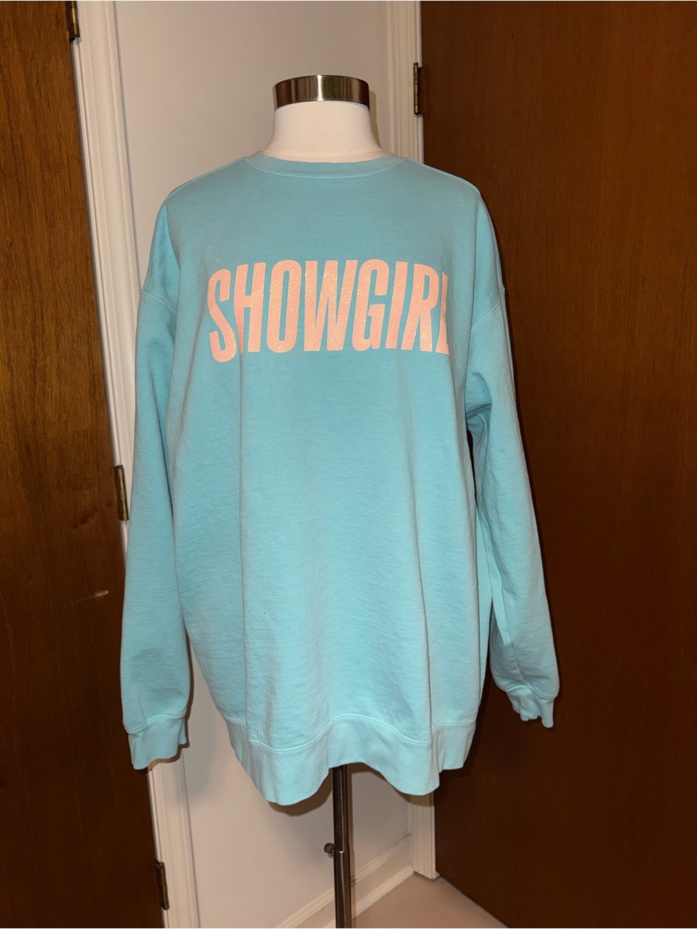 Comfort Colors Light Blue SHOWGIRL Graphic Sweatshirt with Pink Lettering